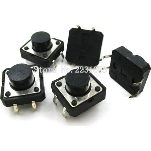 20PCS/LOT 12*12*7 12x12x7H 7mm Touch Micro Switch Black Button Switch DIP 4Pins