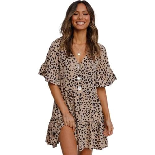 2021 Summer Style Women Mini Leopard Dress Summer Print Ruffles Short Sleeve V neck Party Sweet Beach Dress Vestidos