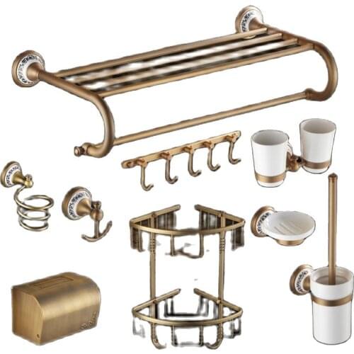Antique Ceramic Carved Base Bathroom Accessories Sets Brushed Bathroom Product Copper Bronze Bath Hardware Sets WV3