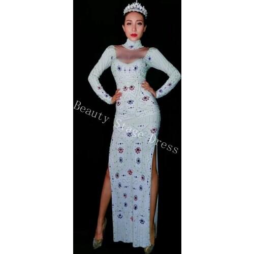 Glisten Rhinestones Long Dress Womens Costume Nightclub Party Celebrate Outfit Female Singer Performance Sexy White Dresses