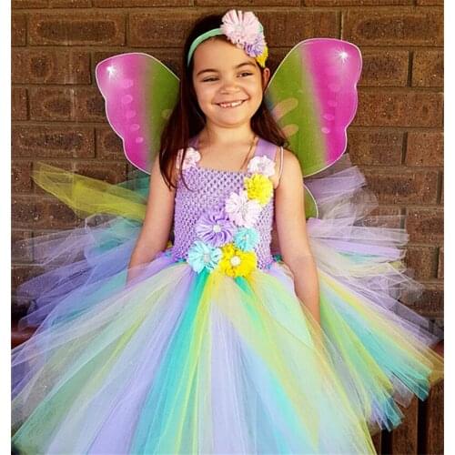 Colorful Girls Flower Tutu Dress Baby Fluffy Tulle Tutus with Butterfly Wing and Headband Set Kids Party Cosplay Costume Dresses