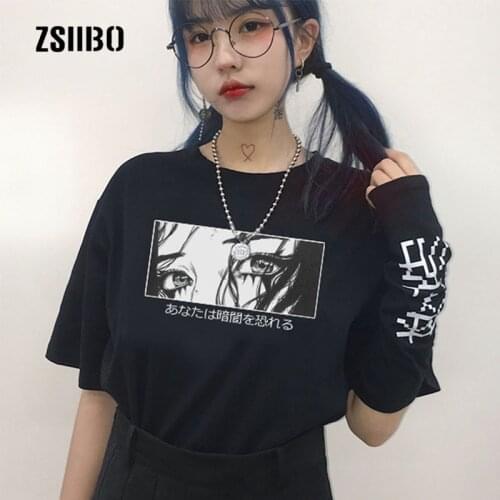 Japanese punk black printed letters fun new loose summer female casual tops large size female Harajuku gothic cartoon T-shirt