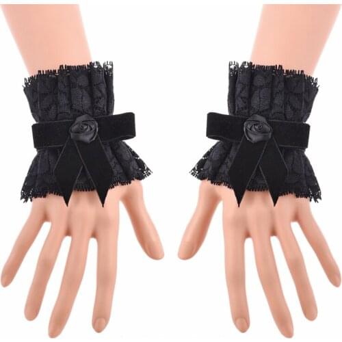 Gothic Girls Cosplay Accessories Women Fake Handmade Cuffs Black Lace Bowtie Wrist Cuffs Vintage Style Steampunk