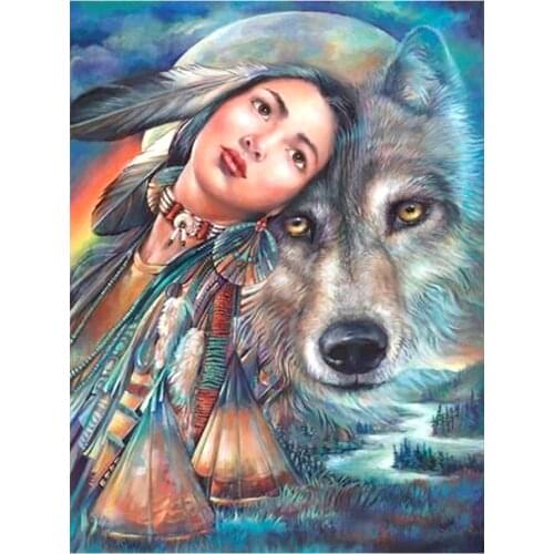 Indian Woman and Old Wolf Diamond Painting Portrait Round Full Drill Nouveaute DIY Mosaic Embroidery 5D Cross Stitch Home Decor