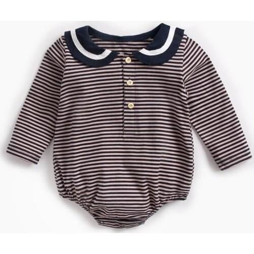 Long sleeves baby Boys girls navy Infant jumpsuit Summer spring Doll collar stripe triangle Romper Newborn Costume clothing