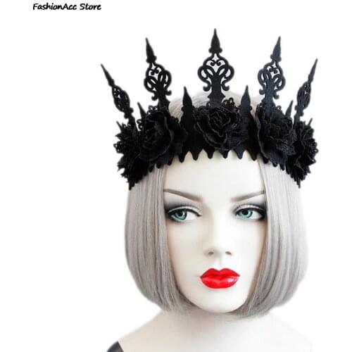 Lady Queen Head Wreath Vintage Gothic Black Crown Roses Tiara Headband Halloween Party Masquerade Cosplay Accessory