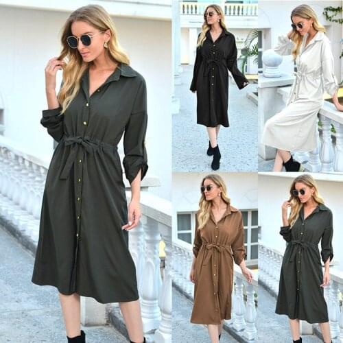 Leosoxs Spring Autumn Sexy Bandage Single-breasted Womens Dress Casual Fashion Lapel Neck Long Sleeve Solid Empire Ladies Dress