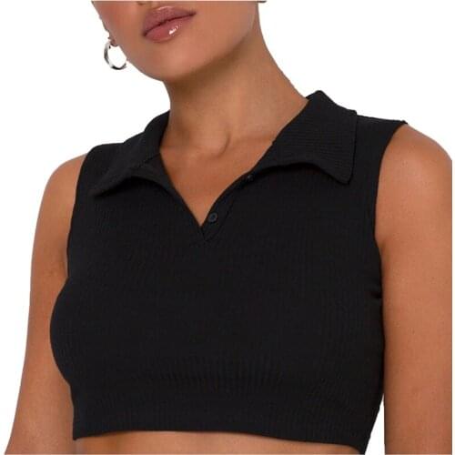 Ladies Summer Sexy Knitted Camisole Girls Temperament Creative Lapel Solid Color Midriff-baring Sleeveless Slim Crop Top