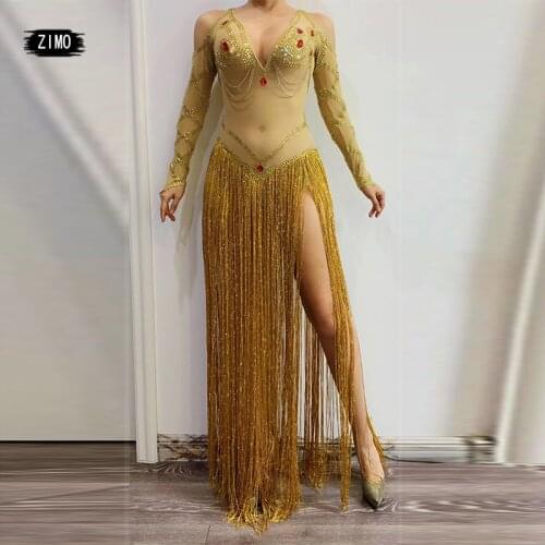 Rhinestone dress tassel sleeve sheer long dresses women sexy indian Gold stage outfit belly dancing music festival performance