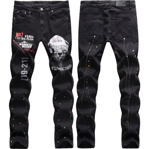 2021 Men’s Slim-fit Straight Jeans,Stylish Prints Elastic Denim Pants,High Street&Hip Hop Youth Cool Black Jeans