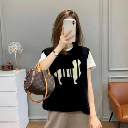 Men and Women 2021 Fashion Oversized Dog Knitted Vest Sweater O Neck Sleeveless Female Waistcoat Chic Tops Vintage Knitted Vest