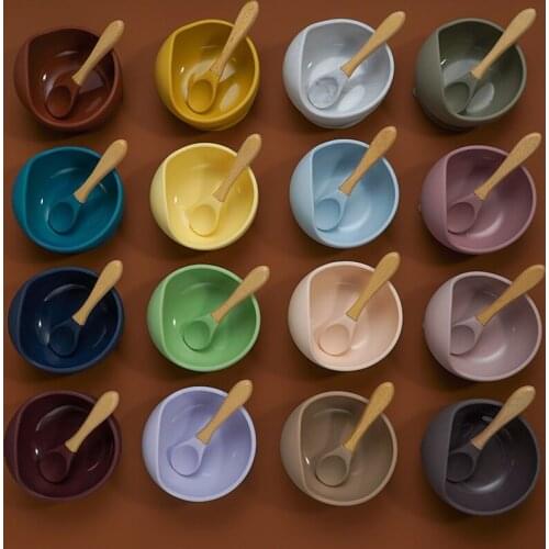 1set Silicone Baby Feeding Bowl Set Baby Learning Dishes Suction Bowl Set Wood Spoon Non-Slip