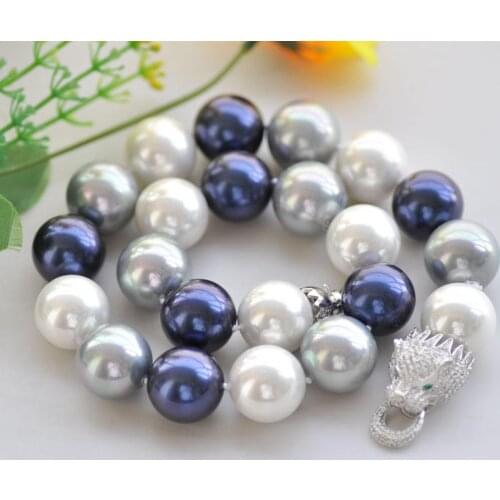P7500 20" 20mm White Blue Gray Round South Sea Shell Pearl Necklace Cougar CZ Choker Women jewelry