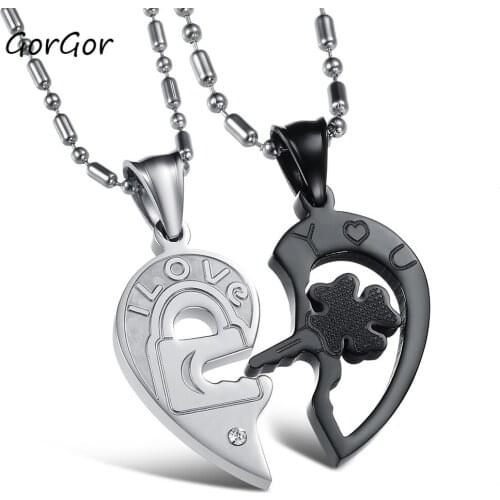 GorGor Women Men Jewelry Korean Style Jewelry Titanium Steel Rhinestone Key Puzzle Fashion Couple Pendant Necklace GX553