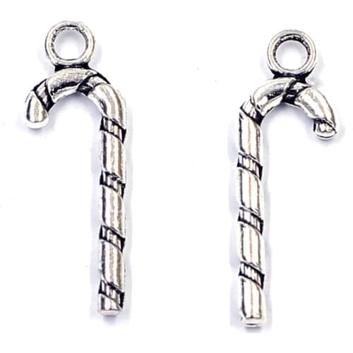 20Pcs Pendants Christmas X-mas Candy Cane Crutch Metal Silver Tone Jewelry DIY Findings Charms 27mm