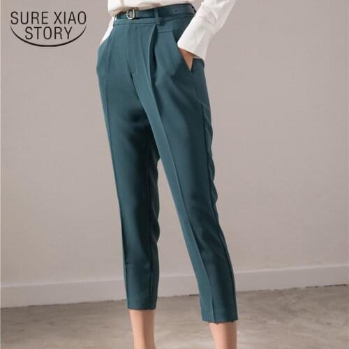 Casual Solid Pocket Trousers Blue Ladies Pants with Belt Autumn Elegant High Waist Pencil Pants Women Ankle-Length Pants 11719