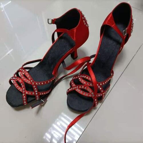 Practice Women Dance Shoes US8.5 Stock Latin Dance Shoes Ladys Crystal Salsa Latin Ballroom Soft Dance Shoes in Stock 6-10cm