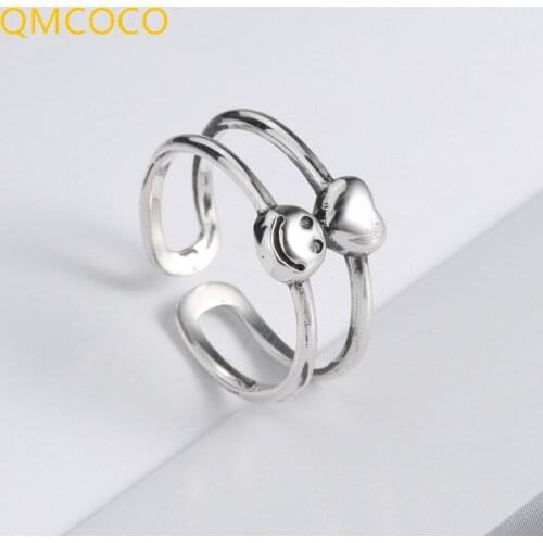 QMCOCO Korean New 925 Silver Ring Retro Heart-Shape Fashion Simple Smiling Face Double-Line Creative Personality Open Ring