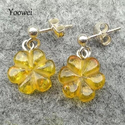 Yoowei Flower Amber Earrings Certificated Authenticity Dangling Earrings Baltic Genuine Natural Amber Jewelry pendientes ambar