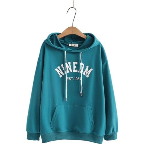 Green Letter Embroidery Preppy Hoodies Hooded Sweatshirt Women 2021 Winter Long Sleeve Korean Fashion Female Basic Daily Tops