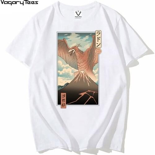 Japan traditional Painting style Irradiated Kaiju Ukiyo Volcano Pterodactyl t shirt white short sleeve unisex streetwear tee