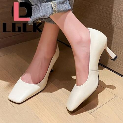 Big Size 34-41 New Low-heeled Pumps Women Genuine Leather Shoes Square Head Casual Shoes Female Sweet Lady Boat Shoes High Heels
