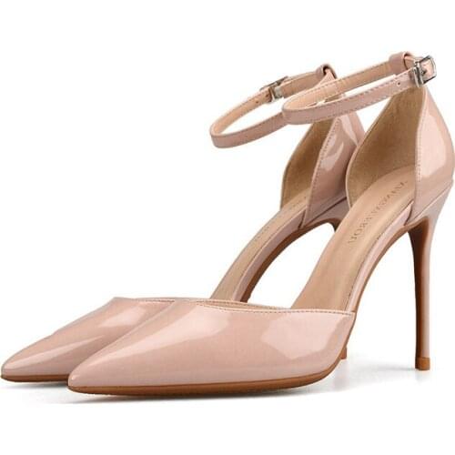 Sexy Pointed Toe High Heel Shoes Woman Patent Leather Thin Heels Pumps Ankle Strap Decorations Party Dress Heels J0046