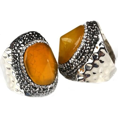 Yellow faceted cut natural big onyx crystal semi preciouse stone bead pave rhinestone charm gold wide ring cuff for women