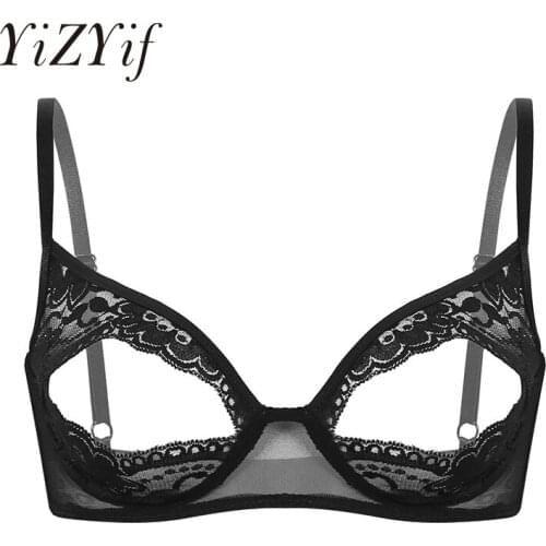 Women Open Cup Bras Sexy Lingerie Sheer Lace Floral Oepn Nipple Top Split Bralette Wire-free Unlined Bra Top Sexy Exotic Bras