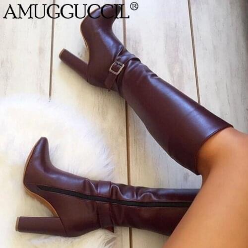 Customize 2020 New Plus Big Size 35-47 Wine-red Buckle Zip Fashion Sexy High Heel Female Lady Mid Calf Winter Women Boots X1948