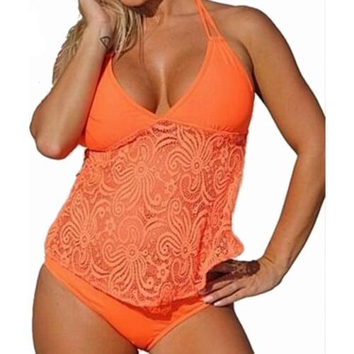 Push Up Women Swimwear Tankini 2020 Lace Mesh Bikini Set Sexy Halter Swimsuits Backless Low Waist Bathing Suit Large Size S-5XL