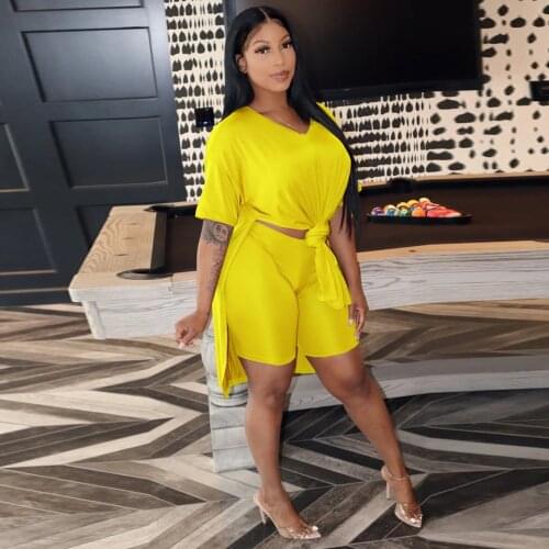 Sporty Two Piece Short Set for Women Short Sleeve Side High Split Extra-long T-shirt Top Bodycon Short Co Ord Suits