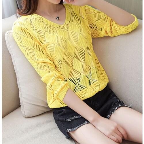 Hollow Out Loose Thin Summer Yellow Pullovers Sweaters Black V-neck Ladies Knitted Pull Jumpers Women Slim Cool Tops Black