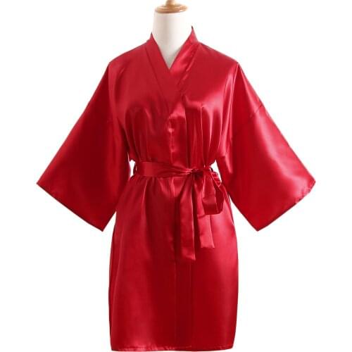 Womens Pure Color Satin Short Red Kimono Bridesmaids Lingerie Robes