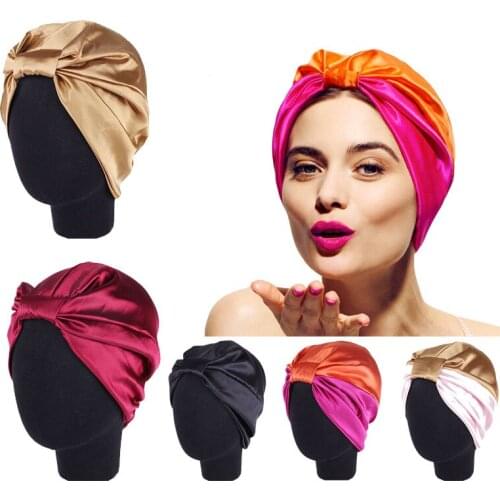 Patchwork Satin Bonnet Night Hair Indian Hat For Natural Curly Hair Double Elastic Bathing Sleep Women Girls Head Cover Wrap Cap