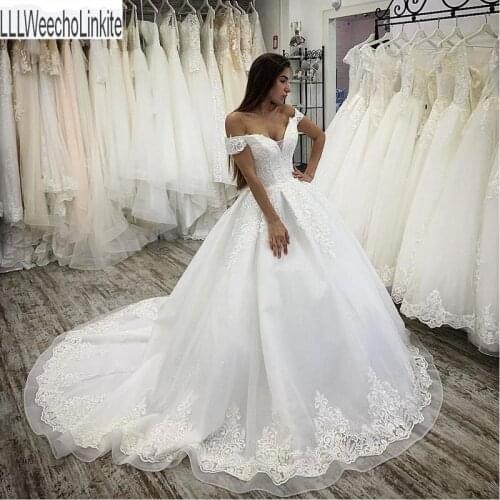 Ivory Lace Tulle V-Neck Off The Shoulder Floor-Length Princess A-Line Wedding Dresses Chapel Train Custom Made