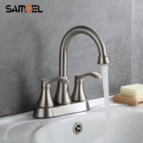 Stainless Steel Deck Mount Brushed Dual Hole Two Handle Bathroom Sink Faucet Mixer Classic Cold Hot Water Basin Tap NL718