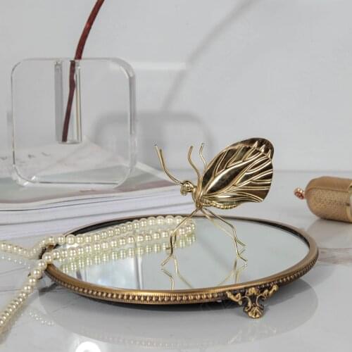 Retro Metal Frame Storage Tray Mirror Decorative Cosmetic Container Desktop Jewelry Organizer European Home Decoration Ornaments