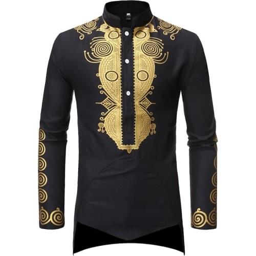 European and American Mens Autumn and Winter Casual Middle Eastern Style Bronzing Stand Collar Mid-length Shirt