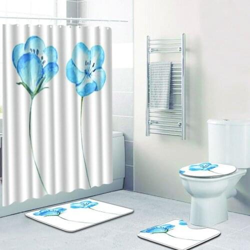 4 PCS Simple Floral Printings Bathroom Shower Curtain and Rug Set White Toilet Mat Accessories Bath Mat Carpet