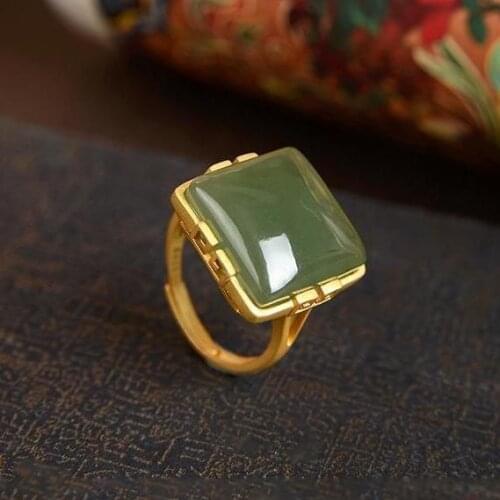 National Style Palace Style Square Open Ring Original Special Ornament Silver Plated Natural Hetian Jade Gray Jade Ring Style