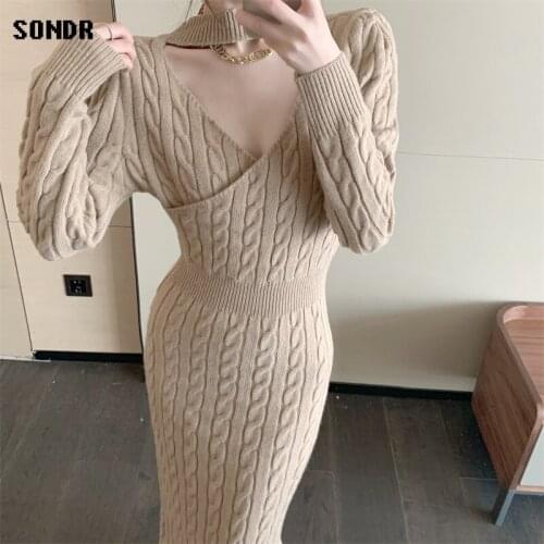 New 2021 Fall Winter Knitted Sweater Dress Korean One-Piece Midi Sweater Dress Reversible Two-Wear Slim Fit Sweater Base Dresses