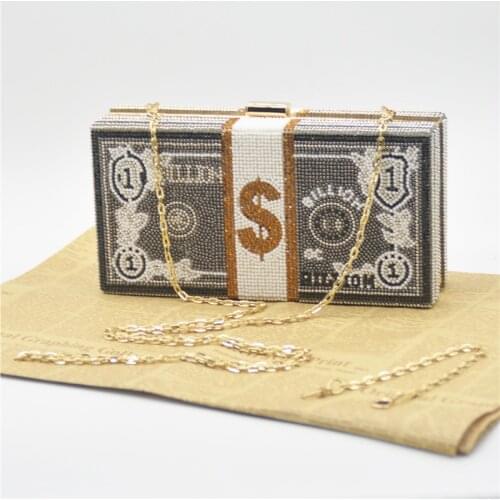 New Arrival Long Chain Big $ Money Clutch Bag Elegant Lady Diamond Crystal Shoulder Crossbody Messenger Handbags Female Clutches