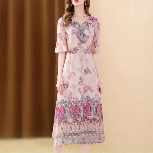 IVY HE Chiffon Print Dresses Women Summer Ruffles A Line Midi Long V-Neck Half Sleeve Dress Vestidos Dames Jurken Dress Traf