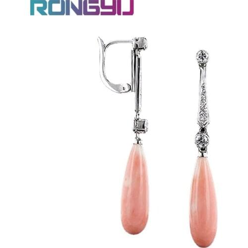Bohemian Art Deco Long Water Drop Shape Peach Color Coral and White Rhinestones Earrings Hanging Dangle Earring Modern Jewelry