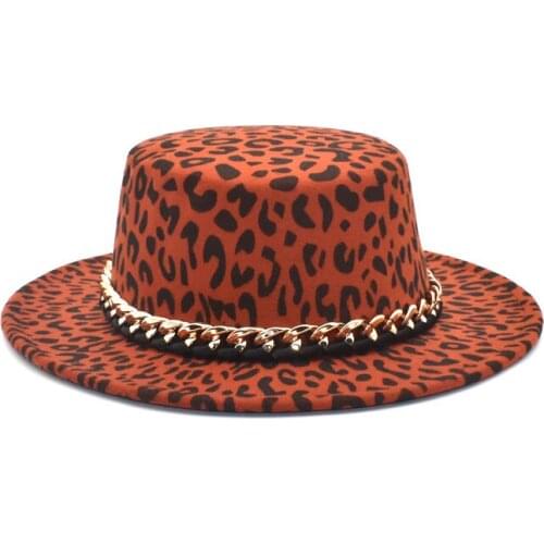 New Leopard Print Wool Fedora Hats For Women Flat Top Bowler Hat Autumn Winter Jazz Cap Wide BrimPanama Hats P27