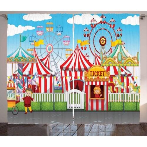 Blue Red Circus Curtains Rides and Shops Landscape Living Room Decor Curtains Bedroom Window Drapes Curtains for Kitchen