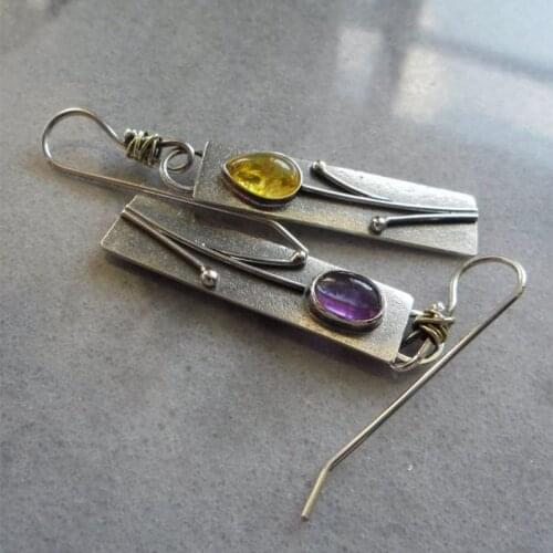 Vintage Leaf Flower Geometric Metal Dangle Earrings Ethnic Jewelry Purple Yellow Water Drop Stone Earrings for Women