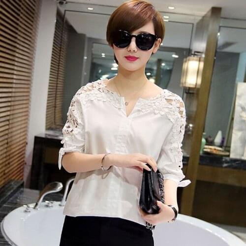 Elegant blouse women lace patchwork plus size 5XL women tops and blouses office ladies shirt v neck summer white blouse fashion