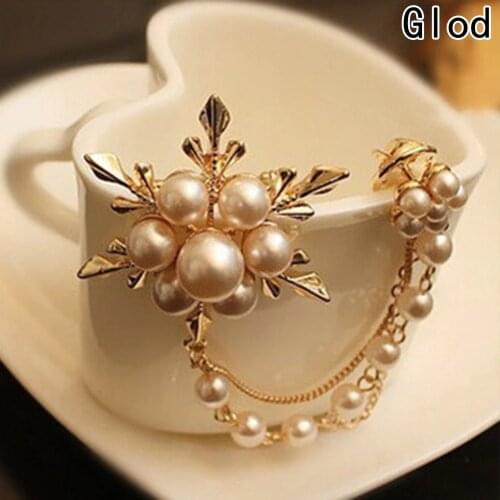 New Imitation Gold Color Long Chain Brooches Pins Pearl Snowflakes Brooch For Women Party Wedding Jewelry Accessories